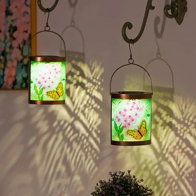 Starsoul 2 Pack Hanging Solar Lantern Outdoor Waterproof Glass Butterfly and Flowers Decorative Solar Lights for Outside Garden Yard Table Patio Decor by GreenHaven Gardens
