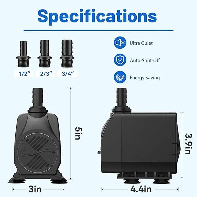 Submersible Pump 660GPH with AUTO-Shut-Off 8.2ft High Lift for Fountains, Hydroponics, Ponds, Aquariums & More by GreenHaven Gardens
