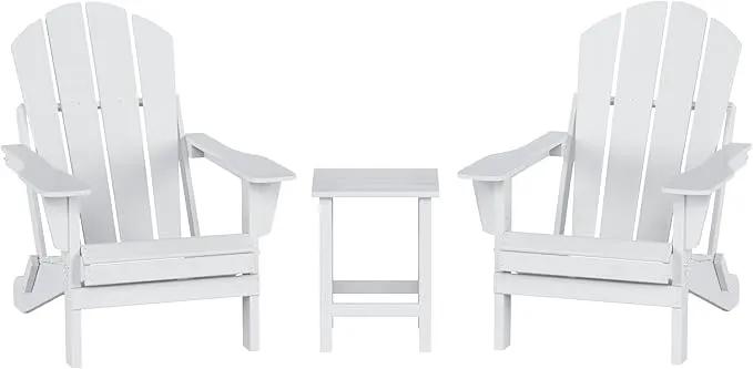 WO Home Furniture Adirondack Chairs Table Set of 3 PCS Outdoor Folding Chairs Side End Table Weather/UV Resistant for Lawn, Garden, Bon Fire, Balcony (White) by GreenHaven Gardens