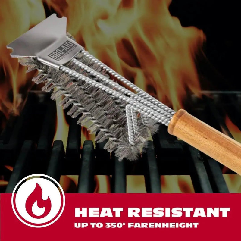 BBQ-AID All Angles BBQ Grill Brush for Outdoor Grill – Cleans All Angles, Large Wooden Handle, and Stainless Steel Bristles - BBQ Brush for Grill Cleaning – Grill Cleaner Brush Safe for BBQ and Grill by GreenHaven Gardens