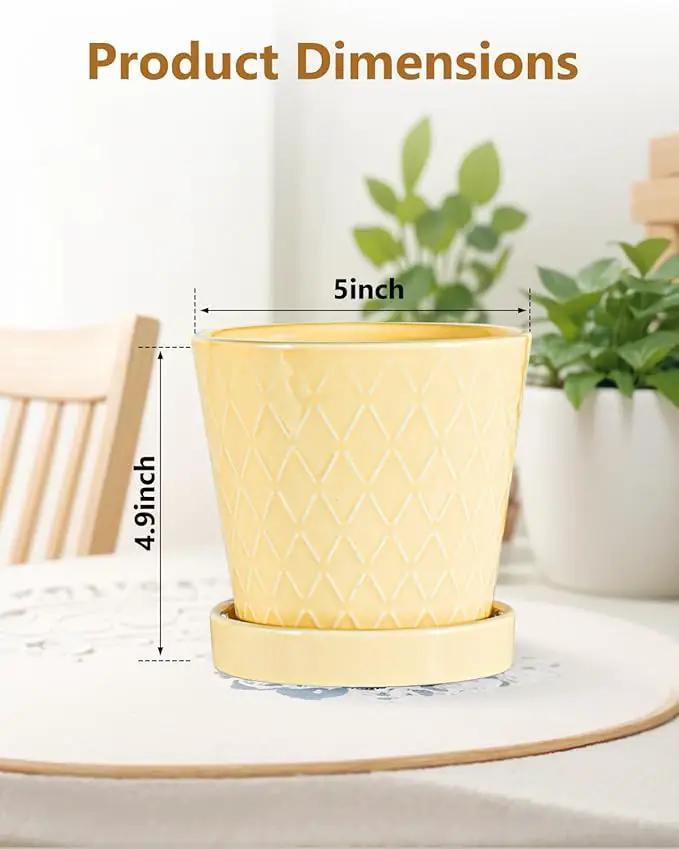 Ceramic Plant Pots –5 inch Indoor Flower Pot with Drainage Hole and Ceramic Tray - Gardening Home Desktop Office Windowsill Decoration Gift, Set of 4-Plants NOT Included(Yellow) by GreenHaven Gardens