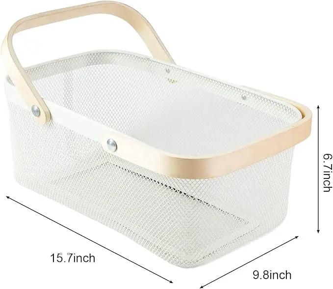 Portable Garden Harvest Basket-Mesh Design Natural Bamboo Handle Wire Storage Baskets,Mesh Basket with Handle Organize Items Reduce Space Occupation,Suitable for Kitchen,Garden,Picnic(White) by GreenHaven Gardens