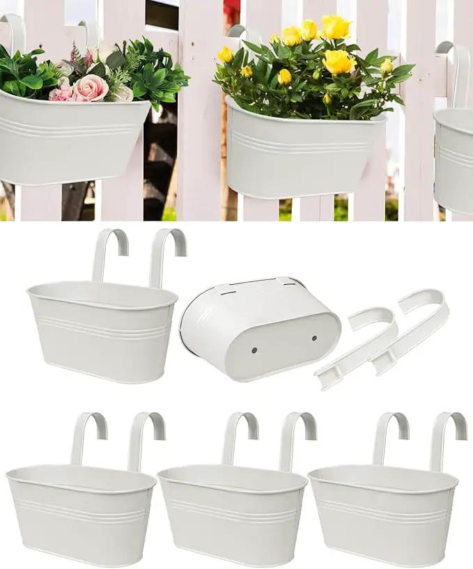 vensovo Metal Railing Planter for Outdoor Plants - 5 Pack Balcony Hanging Flower Pots with Detachable Hooks and Drain Holes Oval Bucket Rail Box Fence Planters for Home Garden Decor, White by GreenHaven Gardens