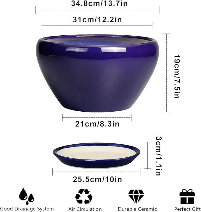 Ceramic Planter - 13 Inch Indoor Plant Pot for Plants with Drainage Hole and Saucer Large Planter Round Outdoor Flower Pot Mid-Century for House Patio Room Decor Blue by GreenHaven Gardens