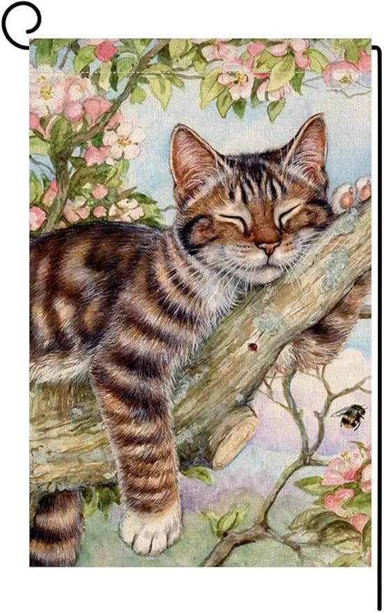 BLKWHT Spring Cat Garden Flag 12x18 Vertical Double Sided Pink Floral Farmhouse Holiday Outside Decorations Burlap Yard Flag BW573 by GreenHaven Gardens