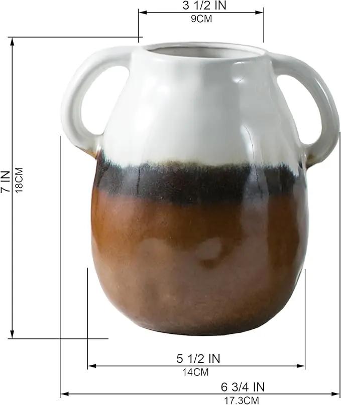 Multi Gradient Ceramic Vase with 2 Handles, Modern Farmhouse Decor, Rustic Terracotta Pottery, Decorative Flower Vases, Clay Small Vase, Centerpiece for Dining Table - 7 Inch Tall by GreenHaven Gardens