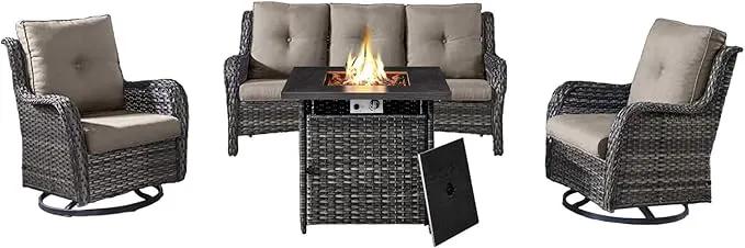 Outdoor Patio Furniture Set with 50000BTU Propane Fire Pit Table, 4 Pieces Wicker Patio Conversation Set with 2 Swivel Rocker Glider Chairs Rattan Sofa Grey Cushion Perfect for Gathering by GreenHaven Gardens