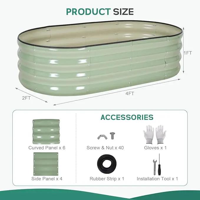 Galvanized Raised Garden Bed Outdoor - 4×2×1ft Planter Raised Beds for Gardening | Oval Metal Garden Planter Box with Safety Edging and Gloves for Vegetables Fruits Flowers - AvocadoGreen by GreenHaven Gardens