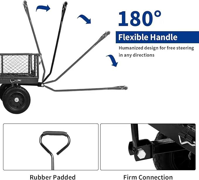 BILT HARD 880 lbs 10" Flat Free Tires Steel Garden Cart with 180° Rotating Handle and Removable Sides, Heavy Duty 4 Cu.Ft Capacity Utility Garden Carts and Wagons, Black by GreenHaven Gardens