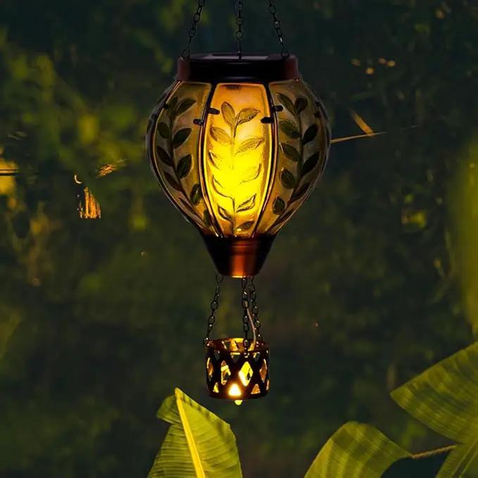 Green Leaf Hot Air Balloon Solar Lantern with Flickering Flame Light,Glass Hanging Solar Lanterns Outdoor Waterproof Hot Air Balloon Decor for Patio Party Yard Tree,Garden Gifts for Women Mom by GreenHaven Gardens