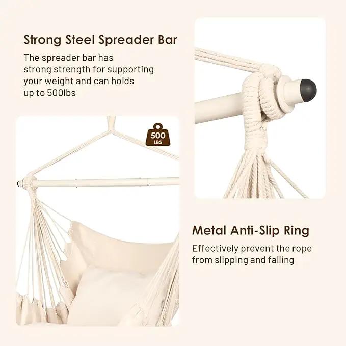 Highwild Hammock Chair Hanging Rope Swing - Max 500 Lbs - 2 Cushions Included - Steel Spreader Bar with Anti-Slip Rings - for Any Indoor or Outdoor Spaces (Beige) by GreenHaven Gardens