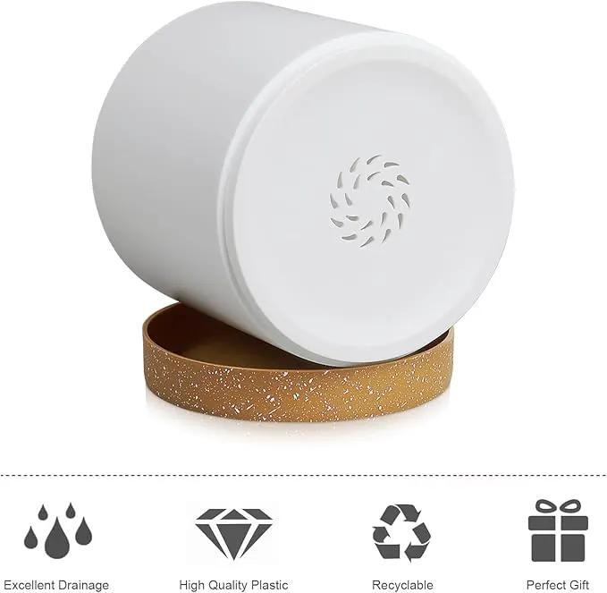 3 Pack 6/5/4 inch Cylindrical Flower Pots, Modern Small Round Plastic Plant Pots with Drainage Holes & Saucers, Clean and Refined Planter Pots for Outdoor, Indoor & Office Decor (White Brown) by GreenHaven Gardens