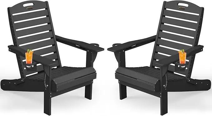 Adirondack Chairs Set of 2, Outdoor Fire Pit Chairs, HDPE All-Weather Adirondack Chairs with Cup Holder, Lawn Chair for Deck, Patio, Garden (Black) by GreenHaven Gardens