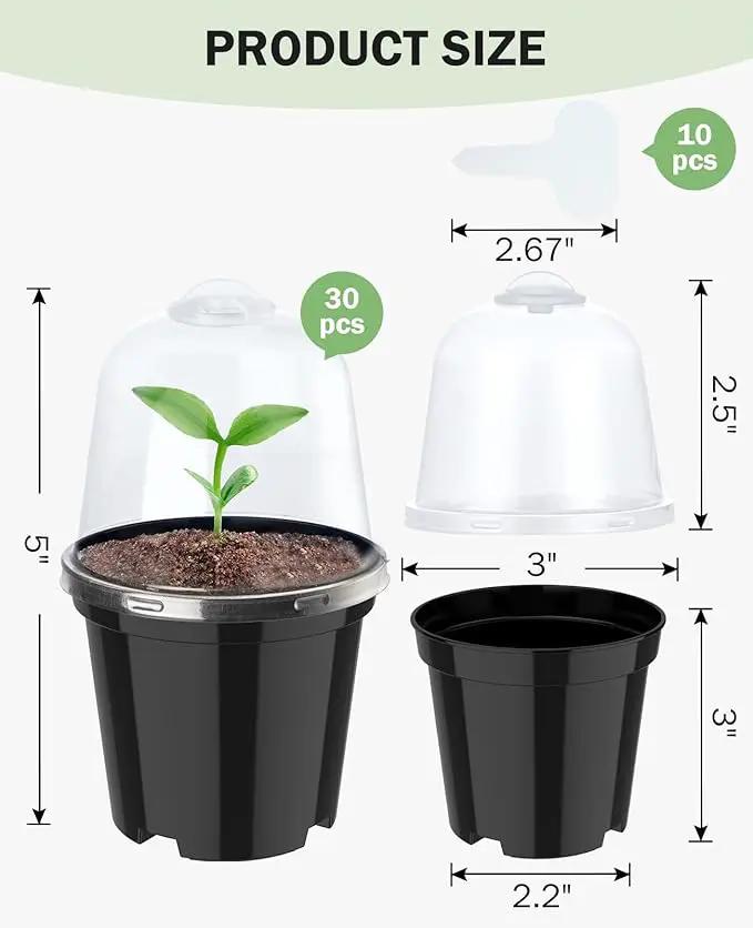 homenote Nursery Pots for Plants,3 Inch Plant Pot for Planting with Humidity Domes Plastic Seedling with Drainage Holes Seed Starter Flower with 10 Labels Black (30 Pack) by GreenHaven Gardens