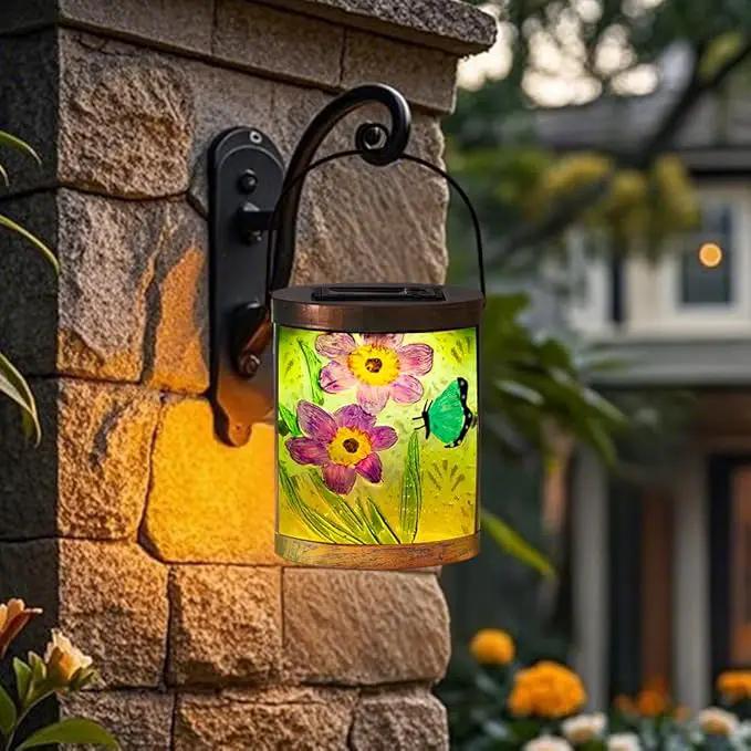 Starsoul 2 Pack Hanging Solar Lantern Outdoor Waterproof Glass Butterfly and Flowers Decorative Solar Lights for Outside Garden Yard Table Patio Decor by GreenHaven Gardens