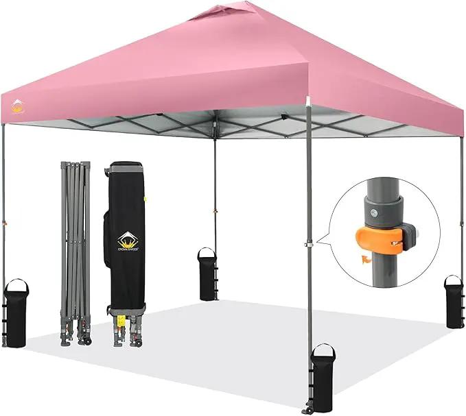 CROWN SHADES Adjustable Height on The Fly, 10x10 Pop Up Canopy - Beach Tent with One Push Setup - Easy Outdoor Sun Shade for Events, Parties, Camping - Outside Shade with STO-N-Go Bag, Pink by GreenHaven Gardens