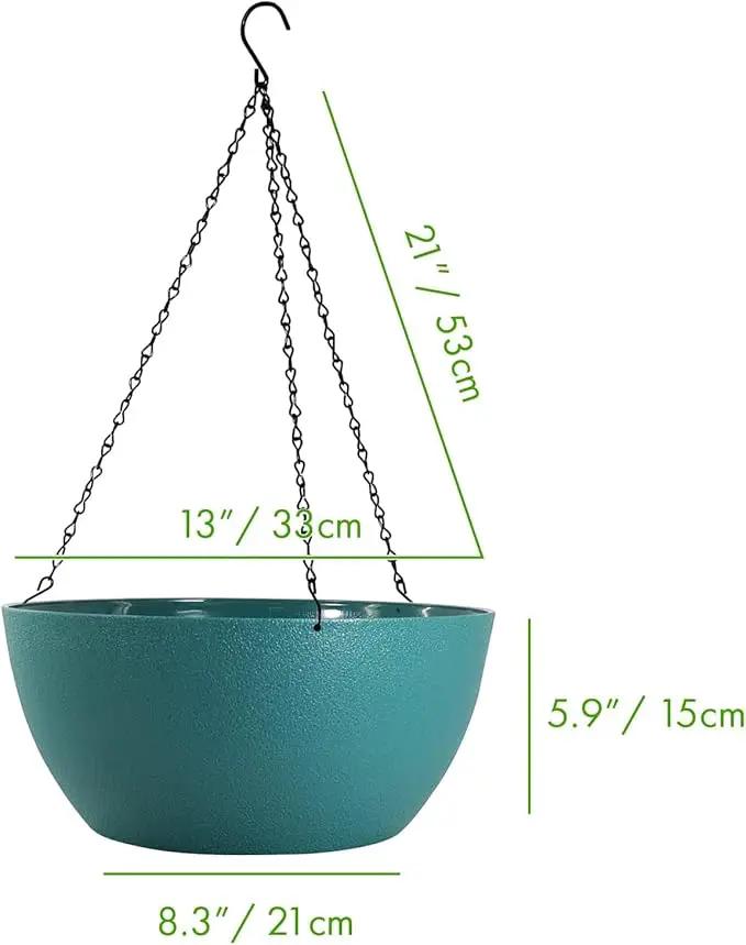 13 inch Large Hanging Planters Plant Pots for Outdoor Indoor Plants with Drainage Holes and Chain, 2 Pack Round Hanging Flower Pots for Garden Home Porch Decor, Blue Green by GreenHaven Gardens