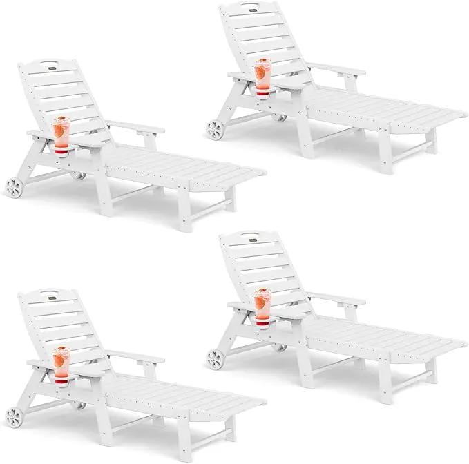 Lounge Chair Outdoor Set of 4 with Wheels, Adjustable 6-Position Chaise Lounge Outdoor, Patio Lounge Chair for Poolside Backyard, White by GreenHaven Gardens