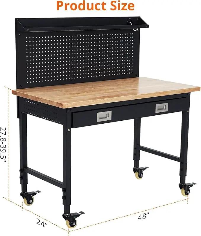 48'' Adjustable Workbench on Wheels, 2000LBS Heavy Duty Worktable with Power Outlets & Drawers & Pegboard, Rubberwood Workstation for Workshop, Garage, Office, Home by GreenHaven Gardens
