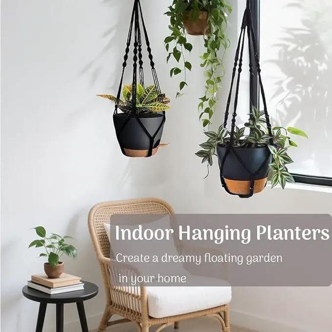 3 Pack Self Watering Hanging Planters Macrame Plant Hangers with Indoor Flower Pots 10" / 8" / 7", 3 Different Size Hanging Basket, Plant Hanger with Hooks for Garden Home Decor Black Large by GreenHaven Gardens