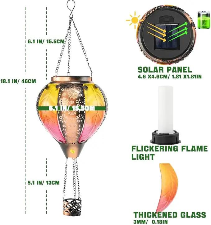 Hot Air Balloon Solar Lantern - Stained Glass Lantern with Simulated Flickering Flame, Outdoor Hanging Yard Light Waterproof IP65 & Weather Resistant for Garden Patio Lawn Porch Decor Gfit by GreenHaven Gardens