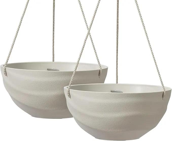 La Jolie Maison 10 Inch Hanging Planters for Indoor Plants, Outdoor Garden Planter Pots with Self-Watering Tray, Oatmeal, Set of 2 by GreenHaven Gardens