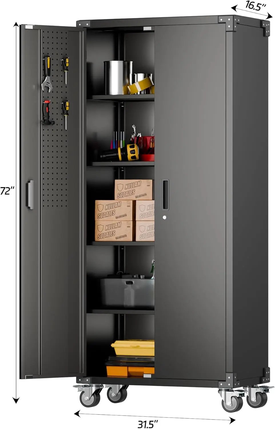 Metal Garage Storage Cabinet with Wheels & Pegboard,72In Lockable Steel Storage Cabinets with 2 Doors&4 Adjustable Shelves for Garage&Home,Assembly Required,Black by GreenHaven Gardens