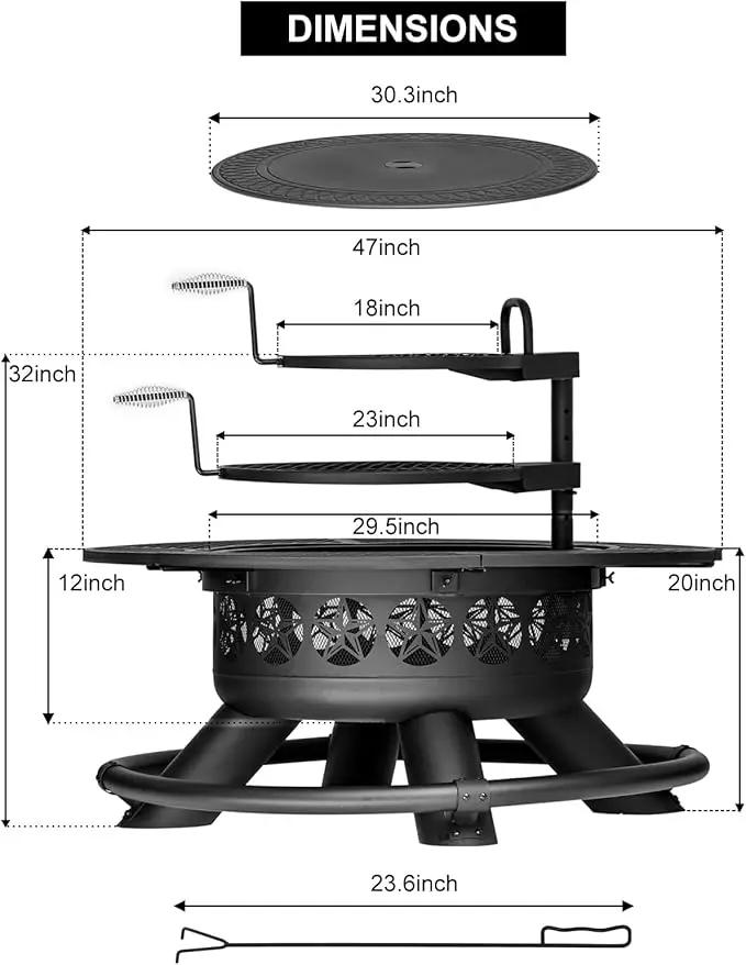 47 Inch Outdoor Fire Pit with 2 Grills, Extra Large BBQ Firepits for Outside, Metal Round Fire pits with Lid&Fire Poker,3 in 1 Wood Burning Outdoor Fireplaces for Backyard,Patio,Bonfire by GreenHaven Gardens