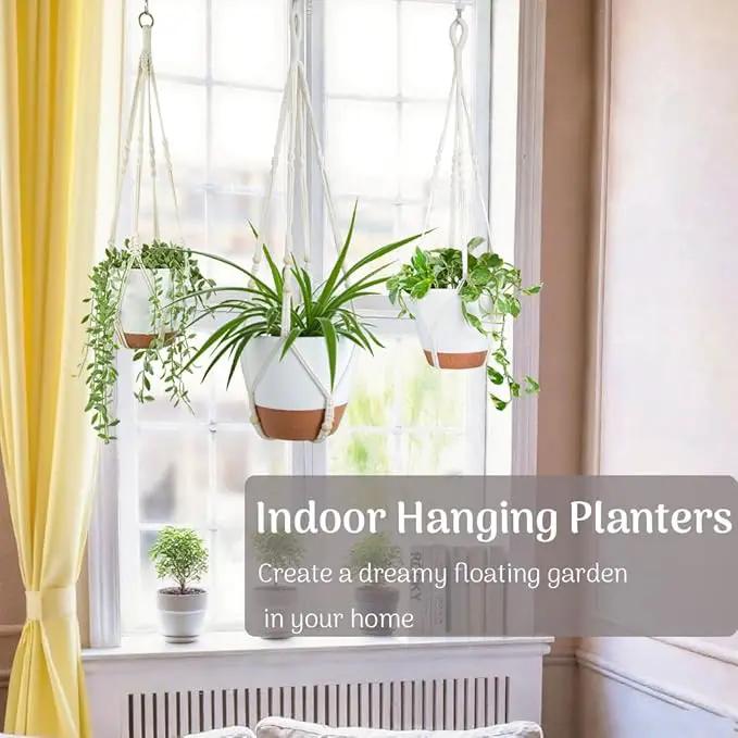 Set of 3 Hanging Planters for Indoor Plants with 10"/8"/7" Self-Watering Hanging Pots, Hanging Plant Pots with Drainage, 3 Different Size Macrame Plant Hangers with Hooks White Large by GreenHaven Gardens