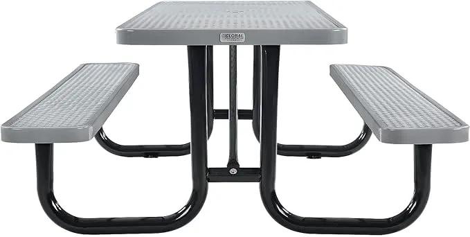 Global Industrial 8’L Rectangular Picnic Table, Expanded Metal, Gray Thermoplastic Coating, Attached Benches, 1-1/2” Umbrella Pole Hole, Outdoor-Rated, 1000 lb Capacity, 96” x 30” Tabletop by GreenHaven Gardens