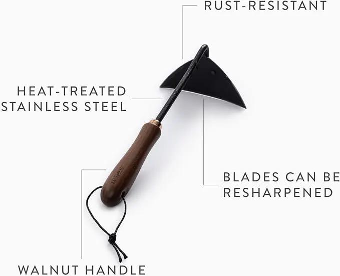 Barebones Triangle Hoe - Stainless Steel Hoe - Japanese Gardening Tools for Weeding, Long Handle and Hand Hoe (Walnut/Black) by GreenHaven Gardens