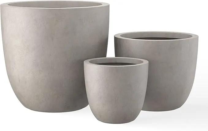 Kante 18",14",10" Dia Concrete Round Planters (Set of 3), Outdoor Indoor Large Planter Pots with Drainage Hole and Rubber Plug for Home Patio Garden, Buff Concrete by GreenHaven Gardens