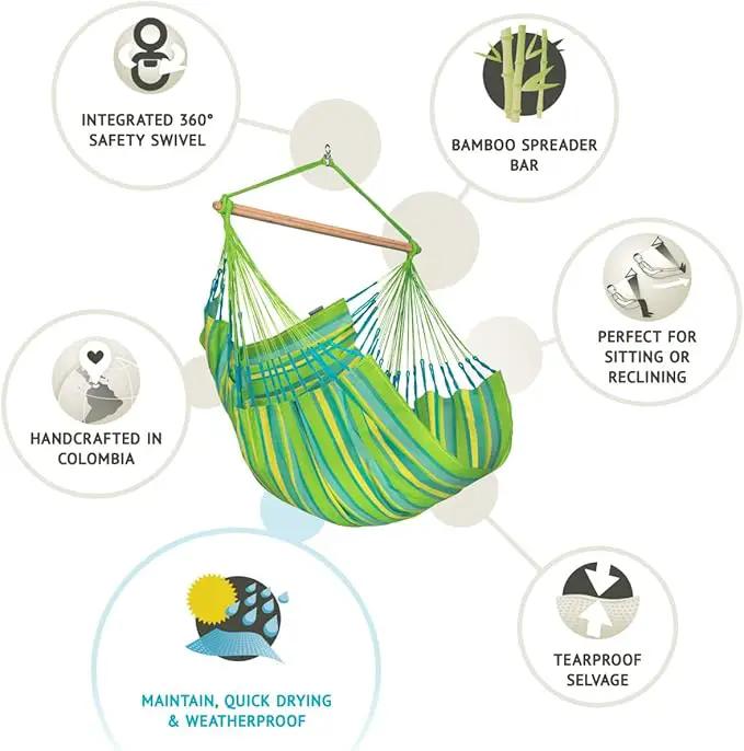 LA SIESTA® - Large Comfort Domingo Hammock Swing Chair - Weather & Tear Resistant Hanging Hammock Chair - Indoor Outdoor Hammock Chair Swing - Patio Porch Bedroom Hanging Chair - Max 285 Lbs, Lime by GreenHaven Gardens