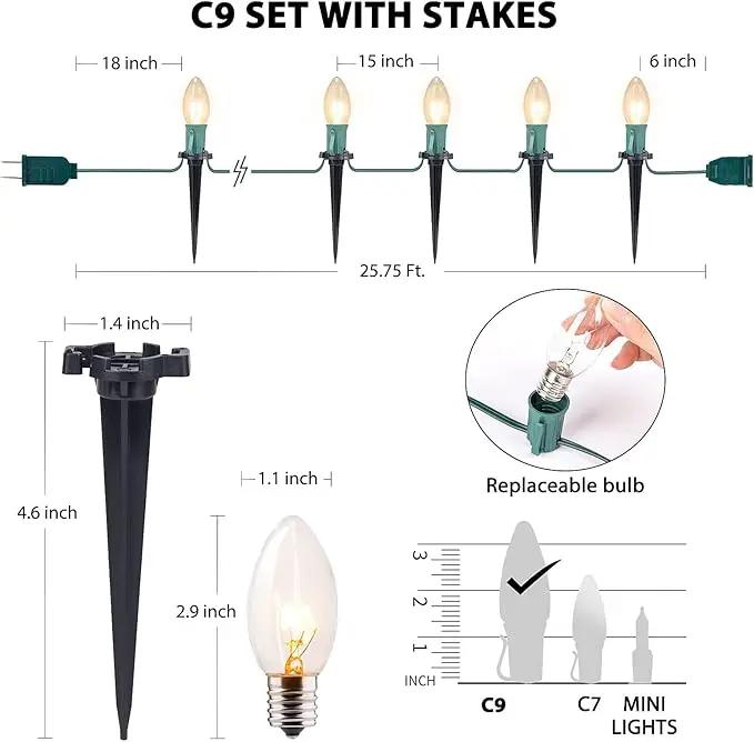 C9 Christmas Lights Outdoor, 25.7 Ft 20 Bulbs Christmas Pathway Lights, Waterproof Walkway Lights for Outside Driveway Sidewalk Outdoor Christmas Decorations Yard, Clear by GreenHaven Gardens