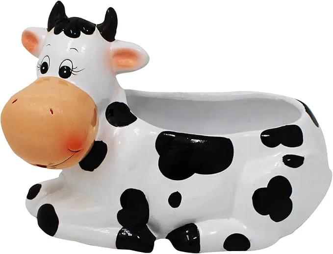 Cow Planter Pot - Cow Print Party Decoration Supplies - Garden Backyard Cow Stuff Statue - Flower Ceramic Succulent Planter - Plantador de Vacas - Large 9" with Drain by GreenHaven Gardens