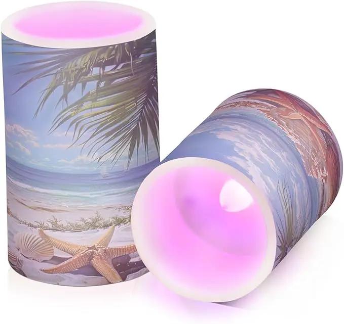 Flickering Flameless Candles, Starfish Seashell Beach Palm LED Candles with Remote Timer, Set of 2 Battery Operated Candle for Valentine Wedding Birthday by GreenHaven Gardens