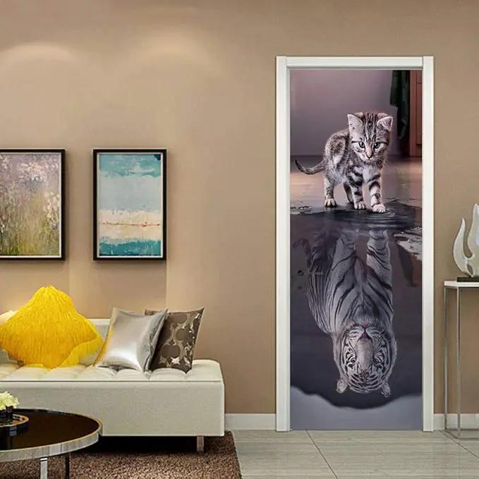 3D Door Stickers Murals Peel and Stick - Cat Becomes Tiger - Door Wallpaper Self-Adhesive Door Decals Removable PVC Waterproof Door Poster for Bedroom Living Room Door 37.4" x 84.6" by GreenHaven Gardens