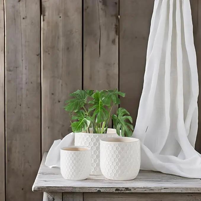 Docrin Ceramic Plant Pots Indoor: 6.5+5.3+4 Inch Planters with Drainage Holes for Home/Office - Set of 3 / White Honeycomb by GreenHaven Gardens