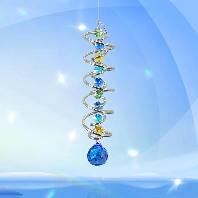 FONMY Gazing Ball Spiral Tail -Decorative Wind Spinner Sun Catcher Rainbow Maker Double-Spiral W/Sea Blue Crystal Ball and Chain Crystals for Indoor Outdoor Garden Decoration -14 inch Height by GreenHaven Gardens