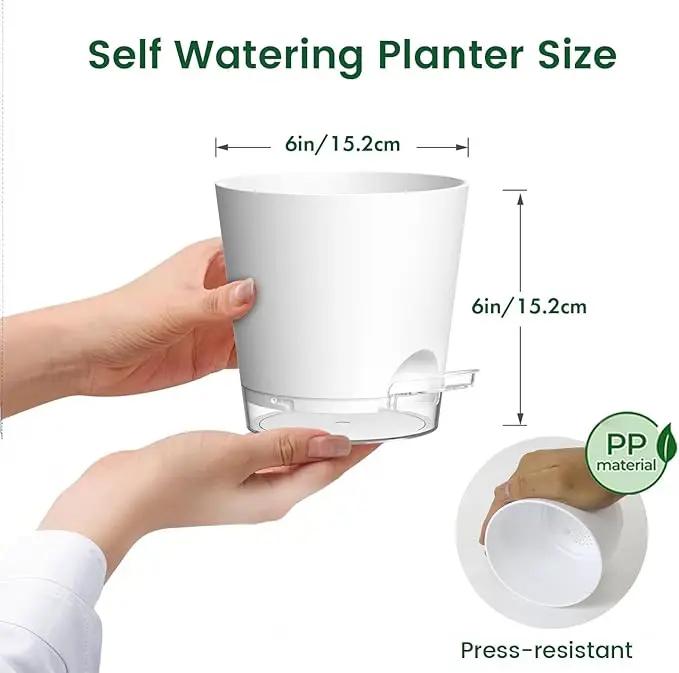 6 inch Self Watering Pots for Indoor Outdoor Plants, 3 Pack Flower Plant Pots with Drainage Holes and Clear Reservoirs, Visible Water Level, Plastic Planters with Wicking Rope, White by GreenHaven Gardens