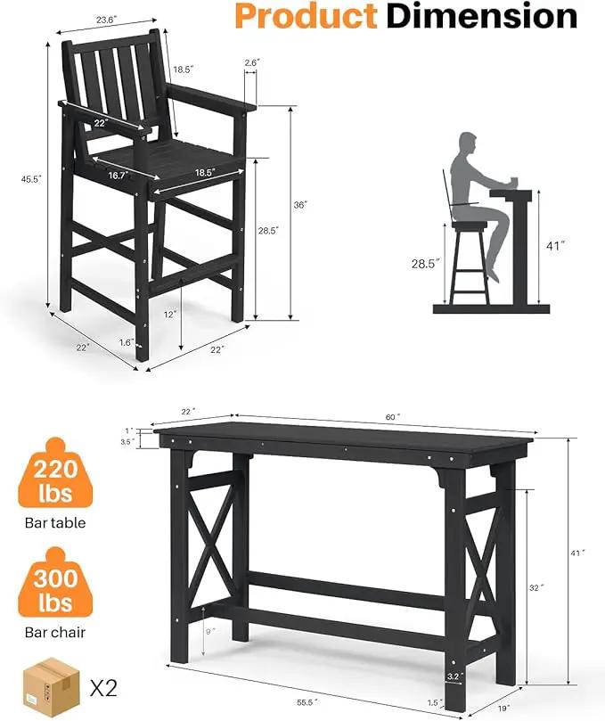 3 Pieces HDPE Outdoor Bar Table and Chairs Set, Tall Adirondack Chairs Set of 2 with Rectangular Bar Table, Patio Bar Stools Set, HDPE Outdoor Patio Bar Set for Balcony, Porch, Deck, Obsidian by GreenHaven Gardens