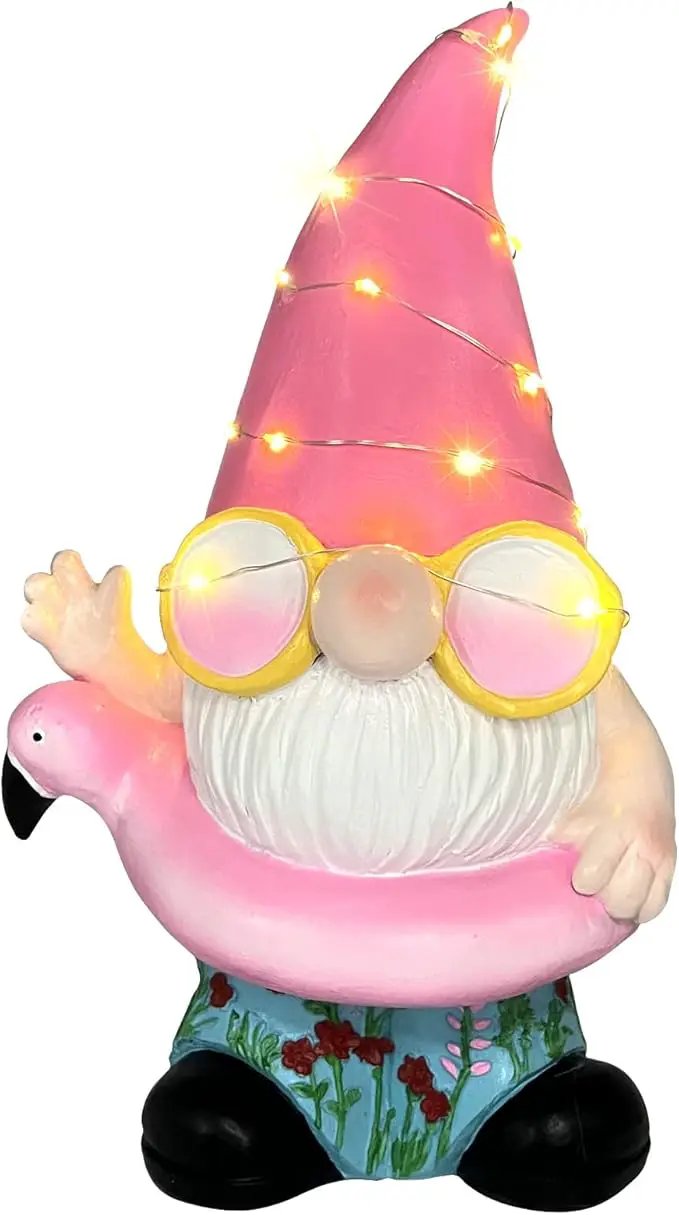 BAYN Garden Gnome Statues Outdoor Decor, Solar Powered Outdoor Gnome with Flamingo Swimming Decorative Yard Garden Lights Art Gifts with 11 Warm White LEDs by GreenHaven Gardens