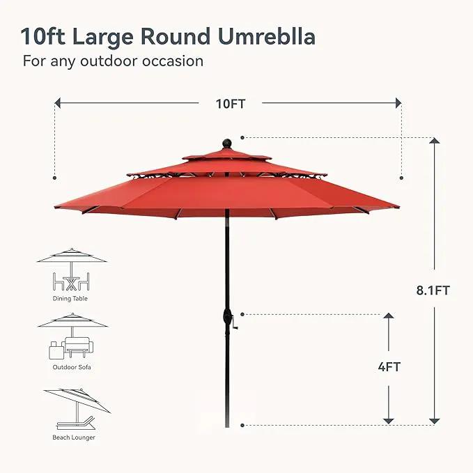 PHI VILLA 10ft Patio Umbrella Outdoor 3 Tier Vented Market Table Umbrella with 1.5" Umbrella Pole and 8 Sturdy Ribs, (Orange Red)（No Base） by GreenHaven Gardens