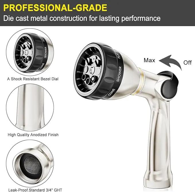 FANHAO Professional Garden Hose Nozzle Heavy Duty, 100% Metal Thumb Control Water Hose Sprayer with 8 Spray Patterns, High Pressure Water Nozzle for Watering Plant & Lawn, Washing Car & Pet by GreenHaven Gardens