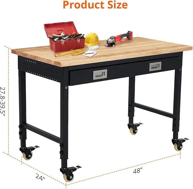 48x24 Inch Heavy-Duty Adjustable Workbench with Rubber Wood Top – 2000LB Capacity Mobile Garage Workstation with Drawer, Ideal for Workshop, DIY & Tool Storage by GreenHaven Gardens