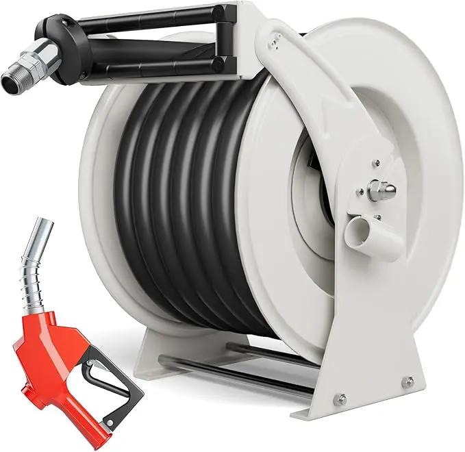 Diesel Fuel Hose Reel 1" x 50FT 300PSI Retractable Fuel Hose Reel Heavy-Duty Steel Ratchet Spring Driven Professional Diesel Hose Reel Auto Swivel Rewind with Fuel Nozzle for Vehicle Tank Truck Ship by GreenHaven Gardens