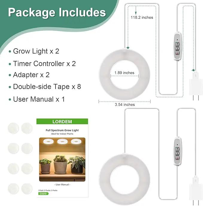 LORDEM Grow Light for Indoor Plants, 48 LEDs Ceiling Full Spectrum Plant Light, 5V Corded Growing Lamp with 4/8/12H Auto Switch, 4 Dimmable Brightness Levels, Single-Head, 2 Pack by GreenHaven Gardens