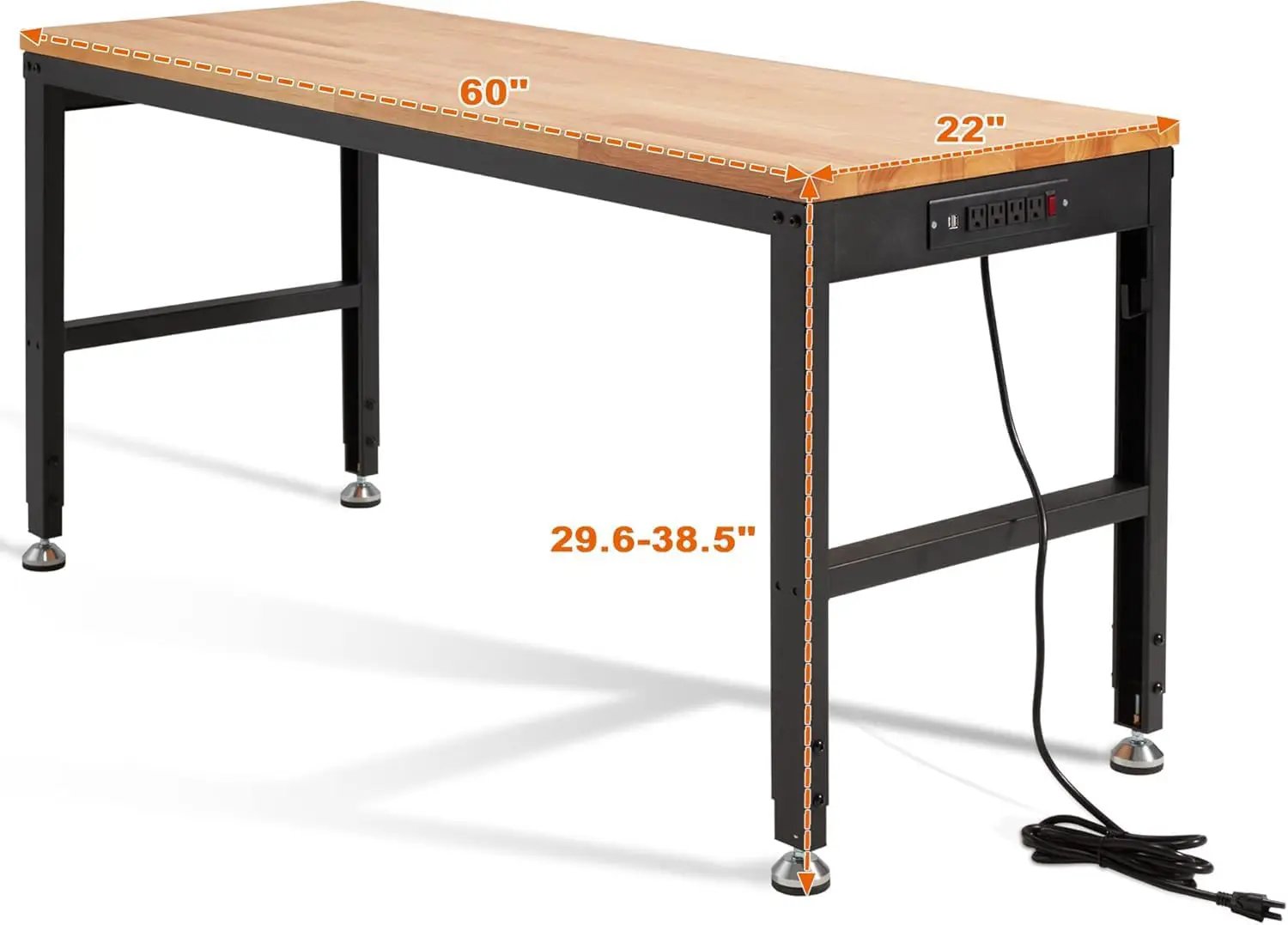 Haddockway Adjustable Workbench for Garage, 60" x 22" Rubber Wood Top Worktable with Power Outlets, Max 2000 Lbs Load Capacity Heavy Duty Workstation for Workshop Office Home (Black Frame, 60in) by GreenHaven Gardens