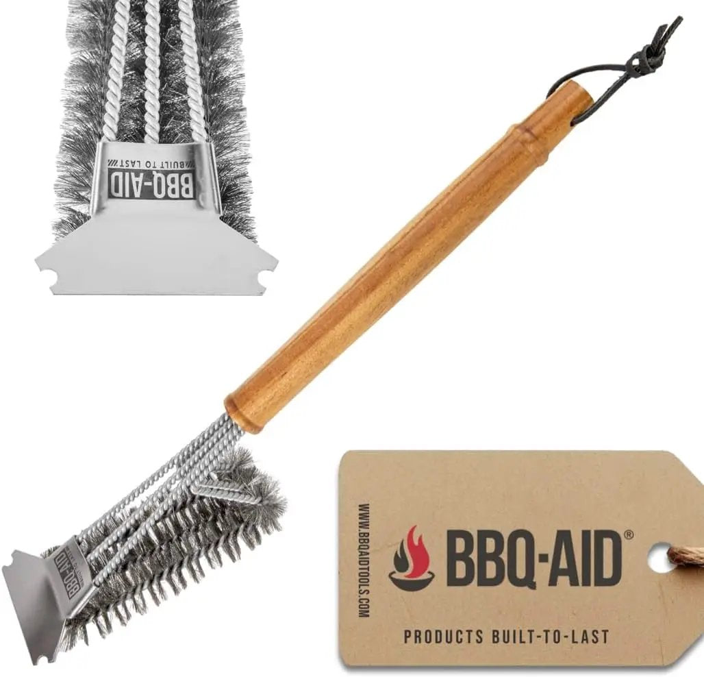 BBQ-AID All Angles BBQ Grill Brush for Outdoor Grill – Cleans All Angles, Large Wooden Handle, and Stainless Steel Bristles - BBQ Brush for Grill Cleaning – Grill Cleaner Brush Safe for BBQ and Grill by GreenHaven Gardens