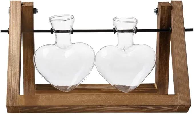 Kingbuy Glass Desktop Planter with Retro Wooden Stand and Plant Terrarium Vase (2 Hearts) for Indoor Home Office Desk Decor Accessories by GreenHaven Gardens